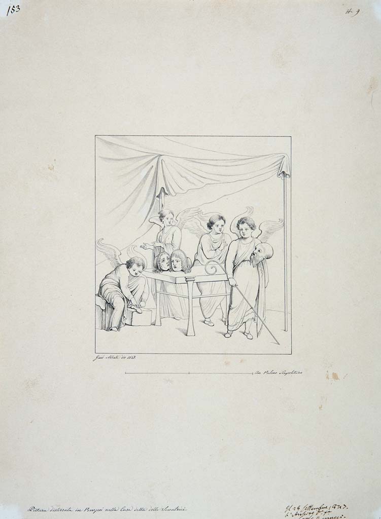 IX.3.5 Pompeii. Triclinium 14, drawing by Giuseppe Abbate, 1847, of Cupids with tragic masks.
Now in Naples Archaeological Museum. Inventory number ADS 1081.
Photo © ICCD. https://www.catalogo.beniculturali.it
Utilizzabili alle condizioni della licenza Attribuzione - Non commerciale - Condividi allo stesso modo 2.5 Italia (CC BY-NC-SA 2.5 IT)
See also 
Real Museo Borbonico, vol. 15, 1856, tav. XIX.

