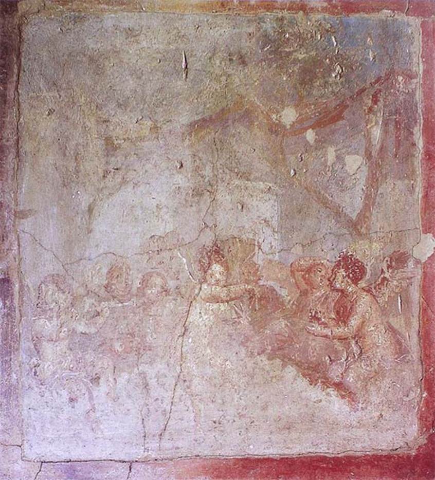 IX.3.5 Pompeii. Triclinium 14, north wall. Banquet with dancing Psyche.
Now in Naples Archaeological Museum.  Inventory number 9208.
See Carratelli, G. P., 1990-2003. Pompei: Pitture e Mosaici.  Roma: Istituto della enciclopedia italiana, Vol. IX, fig. 169, p. 255.
Helbig describes a dancing Psyche in the centre.
See Helbig, W., 1868. Wandgemälde der vom Vesuv verschütteten Städte Campaniens. Leipzig: Breitkopf und Härtel, 760.
