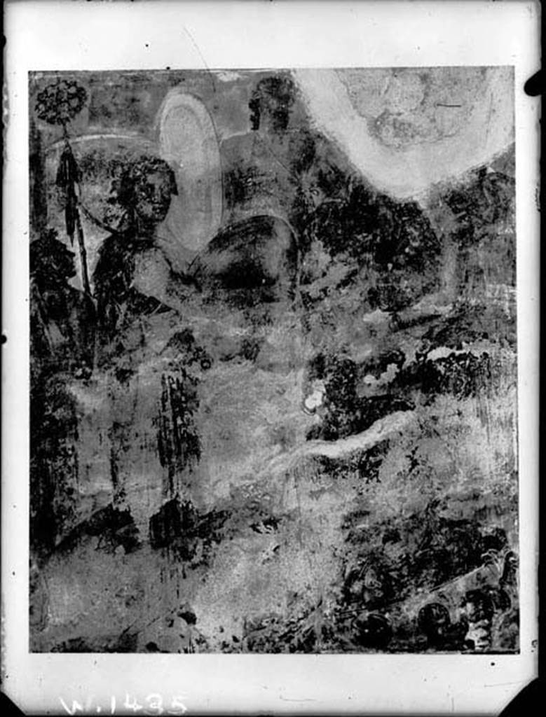 IX.3.5 Pompeii. W.1435. Room 14, centre panel of north wall. 
Remains of painting of Bacchus, winner of India erecting a trophaeon.
Photo by Tatiana Warscher. Photo © Deutsches Archäologisches Institut, Abteilung Rom, Arkiv. 
