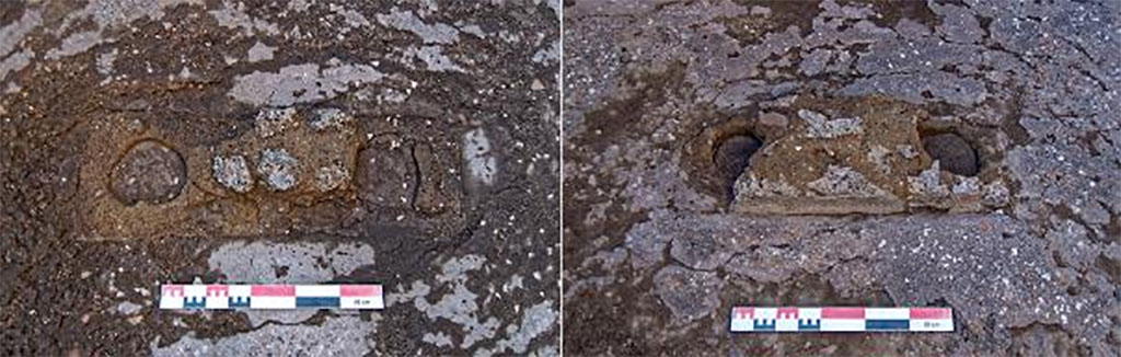 Fig. 69  Pompi, boulangerie IX 3, 10-12  Salle de faonnage, pieds maonns prvu pour permettre lencastrement dun coffre de ptrissage.
 g., pied mridional ;  d. pied septentrional ; vues du sud.
Clichs : A. Delvigne-Ryrko  EFR.
