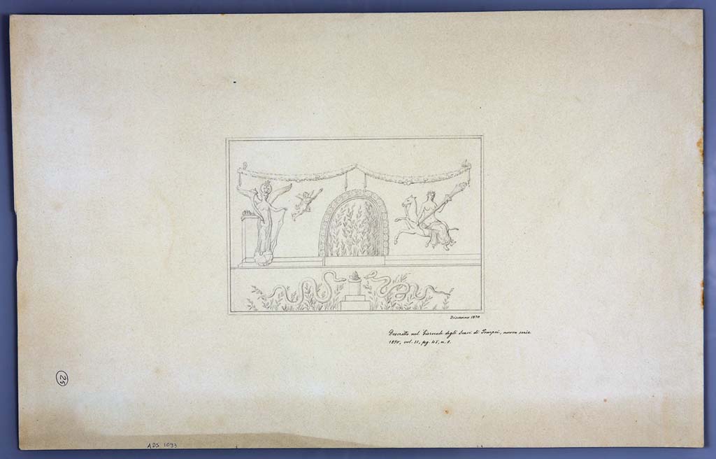 IX.3.12 Pompeii. Drawing by Geremia Discanno, 1870, of lararium painting seen on south wall, but now faded.  
Now in Naples Archaeological Museum. Inventory number ADS 1093.
Photo  ICCD. https://www.catalogo.beniculturali.it
Utilizzabili alle condizioni della licenza Attribuzione - Non commerciale - Condividi allo stesso modo 2.5 Italia (CC BY-NC-SA 2.5 IT)

