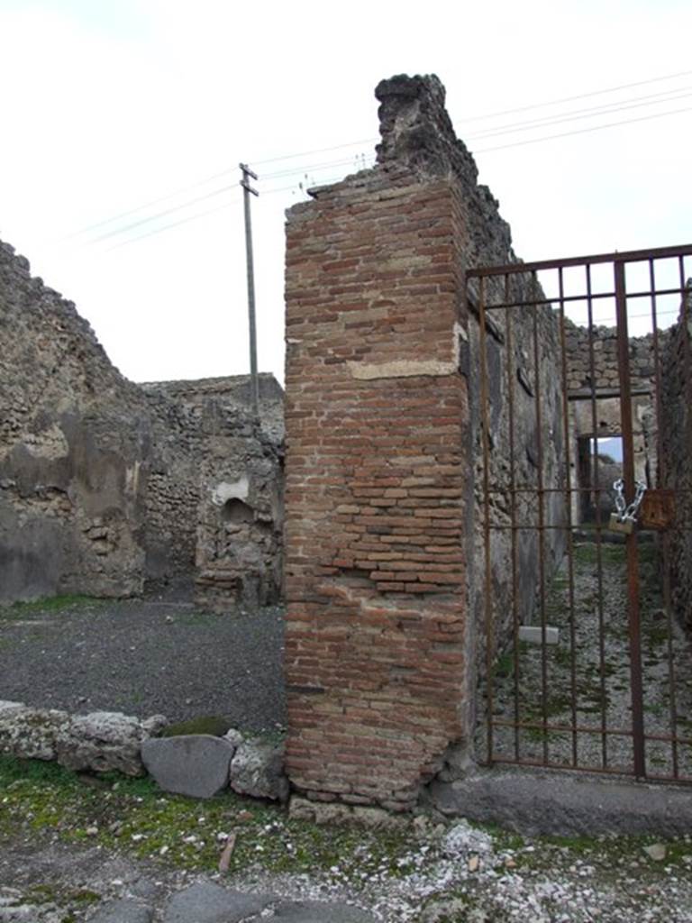 Front wall between IX.3.14 and IX.3.15. December 2007.
Between entrances 14/15 Fröhlich identified a painting of Mercury and Minerva which is now destroyed.
See Fröhlich, T., 1991, Lararien und Fassadenbilder in den Vesuvstädten. Mainz: von Zabern. (F62: p.331).
Della Corte said the painting of Mercury and Minerva found on the doorpost to the right of the entrance was to bring good fortune to the unknown man of commerce working from here.
A seal or stamp found here suggested he was C. Cat(ius) Scith(us).
See Della Corte, M., 1965. Case ed Abitanti di Pompei. Napoli: Fausto Fiorentino. (p. 190, S22)
See Trendelenburg in BdI 1871, (p.209)