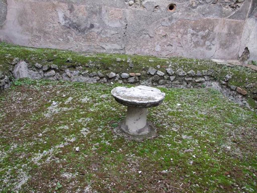 IX.3.20. Bakery. December 2007. Room 8. Garden area. North wall with raised planting bed or bench and low round marble table on pedestal in centre.