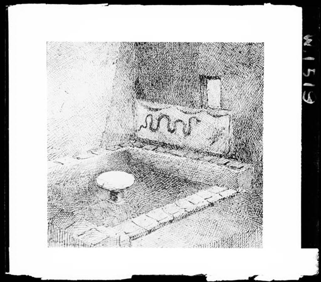 IX.3.20 Pompeii. W.1519. Drawing of Room 8, the garden area, with lararium painting and serpent.
According to Warscher, this was a drawing after a drawing lost in Russia.
She located it as being from IX.3.17.
Photo by Tatiana Warscher. Photo © Deutsches Archäologisches Institut, Abteilung Rom, Arkiv.