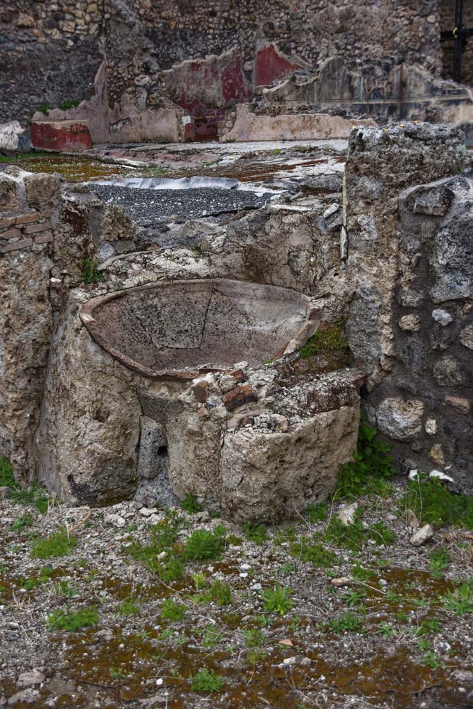 IX.3.21 and IX.3.22 Pompeii. April 2021.
Looking north-west towards structure with remains of terracotta basin, and site of two rooms with painted wall decoration, at its rear.
Photo courtesy of Nicolas Monteix.