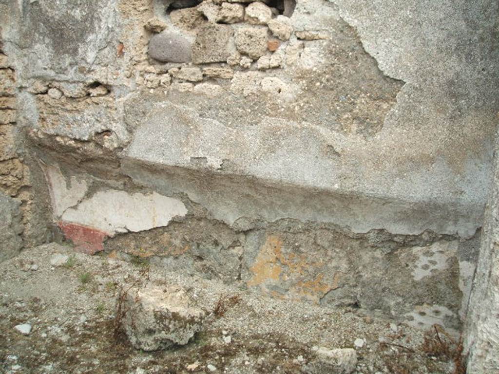 IX.3.25 Pompeii. May 2005. East wall of cubiculum. This may be the wall on which was inscribed above a marriage bed, the names of the couple who slept there: 
L(ucius)  Clodius Varus
Pelagia  coniunx    [CIL IV 2321]    (Lucius Clodius Varus and his wife Pelagia)
A second inscription, to the left of the above one, was also found.
This just gave the one same name again
L(ucius)  Clodius  Varus
and was given the same CIL number.
See Varone, A., 2002. Erotica Pompeiana: Love Inscriptions on the Walls of Pompeii, Rome: Lerma di Bretschneider. (p.160)
Della Corte agreed and in homage to the opinion expressed by Fiorelli said it was the house of the named couple.
See Della Corte, M., 1965.  Case ed Abitanti di Pompei. Napoli: Fausto Fiorentino. (p. 160)
