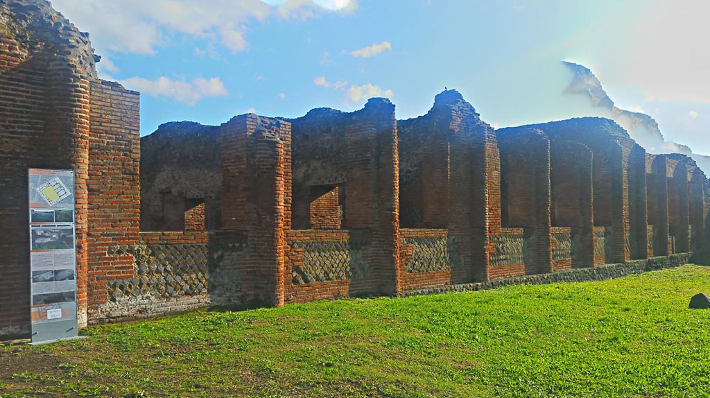 IX.4.18 Pompeii. December 2019. 
Looking south-east along east side with windows from Frigidarium, Tepidarium and Caldarium. Photo courtesy of Giuseppe Ciaramella.


