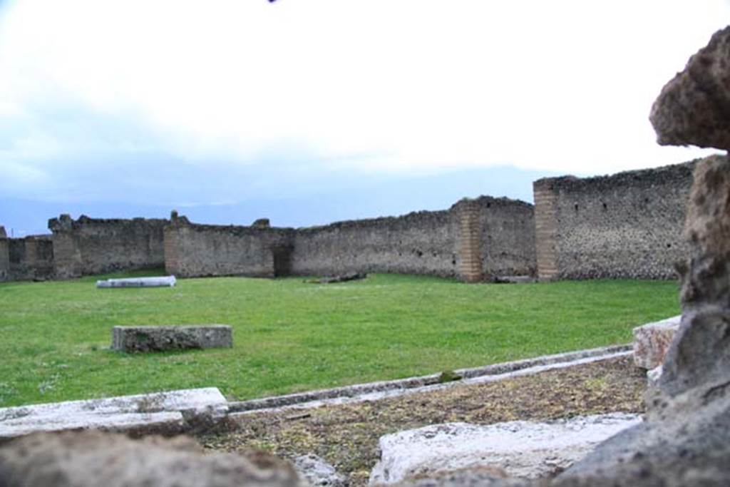 IX.4.18 Pompeii. September 2011. West wall of baths.In the south-west corner is the smaller entrance IX.4.10 inside which is the entrance to latrine “e”. Photo courtesy of Michael Binns.