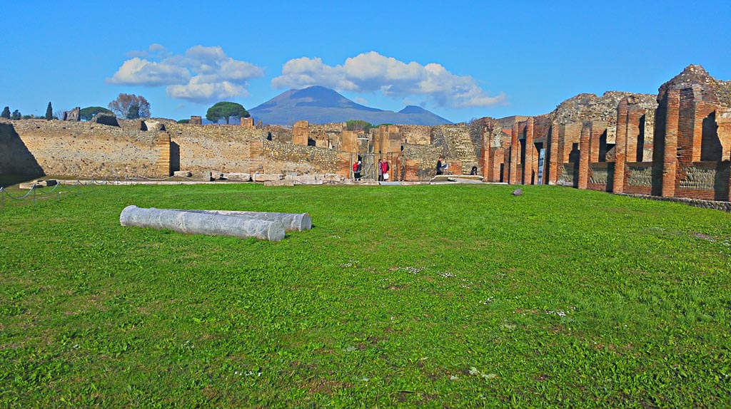 IX.4.18 Pompeii. December 2019.
Looking towards north side of Central Baths, and Vesuvius. Photo courtesy of Giuseppe Ciaramella.