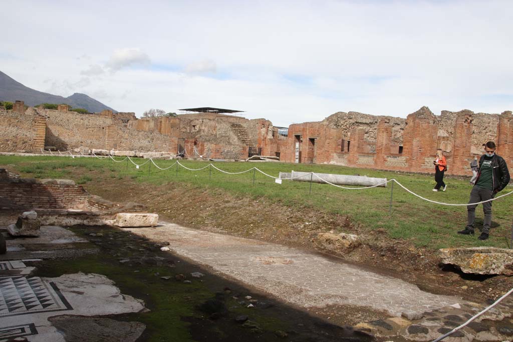IX.4.18 Pompeii. October 2020.
Looking towards north-east side of palaestra “d”, from the remains of ancient buildings in the south-west area.
During the excavation, the archaeologists found the remains of the demolished residential houses in the area of the palaestra, which had not been entirely cleared by the people building the new baths.
According to Mau –
Other testaments of an earlier era consist of various remains of flooring at different levels, in the north portico, near the ancient tank/basin (N and NW) and in the SW corner, and the latter are lower, following the natural slope of the ground. You can also see remains of ancient buildings especially in the north portico, you can see large boulders of Sarno stone with stucco cladding.
See BdI, 1877, p.214-223, (see p.217).