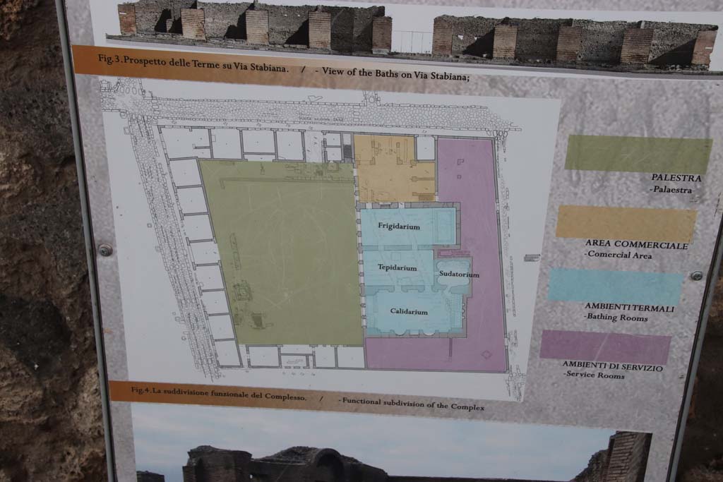IX.4.18 Pompeii. October 2020. Plan of the Baths on information notice-board. The entrance from the Via Nola is at the top.
Photo courtesy of Klaus Heese.