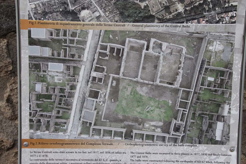 IX.4.18 Pompeii. October 2020. Plan of the Baths on information notice-board. The entrance from the Via Nola is on the left. Photo courtesy of Klaus Heese.