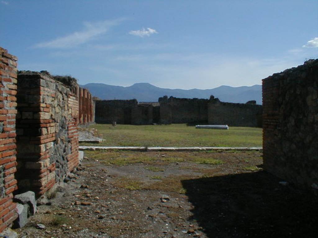 IX.4.18 Pompeii. September 2004. Looking south across the north portico towards the east side of the palaestra “d”, from the entrance.
A depression in the ground on the east side would have been where a large outdoor pool “h” was to be built.