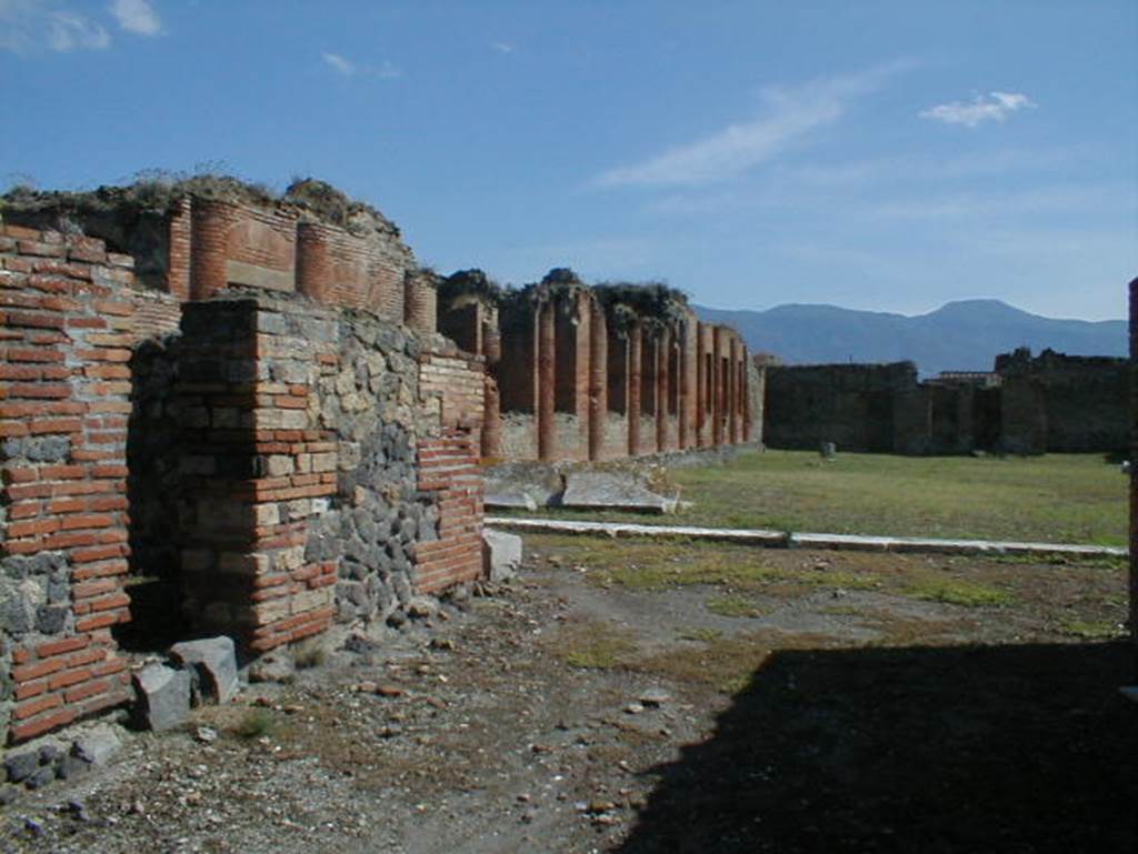 IX.4.18 Pompeii. September 2004. Looking south-east from the entrance “a”.
On the left were two small rooms, a ticket office “b” and a room “c” where valuables could be left with a capsarius (clothes minder).
The entrance would have led directly into the palaestra “d”.
In the north-east corner of the palaestra was a doorway leading into an unfinished room “i”, probably the apodyterium (changing room).
However Mau believed that the room, together with the other smaller rooms “k”, “l”, “m”, “n” and “o” around it, would have been used as shops to sell things for the convenience of the bathers and users of the baths.
The frigidarium “p” (cold) was to the south of the unfinished room, whether it was used as a changing room or shops.
It was a large rectangular room with a basin for cold baths along the east side, opposite the three windows. This cold bath was nearly five feet deep.
According to La Rocca, De Vos and De Vos “p” was the apodyterium and there was no frigidarium.
The frigidarium or apodyterium led into the tepidarium “q” (warm), which also had three large windows all opening out onto the palaestra “d”.
The tepidarium led into the caldarium “s” (hot), which was placed so that its three large windows would have received the greatest amount of warm afternoon and evening sun.
There were five smaller windows built into the south wall of the caldarium. These looked out onto a small garden area “t”.
On the east side of the tepidarium and caldarium was the small round laconicum or sweating room “r”, made to feel larger by four semicircular niches, and lit by three small round windows high up above the cornice of the vaulted ceiling.
The vaulted ceiling was partly conserved, whereas the ceilings of the warm and hot rooms were totally collapsed.
None of these rooms were finished, although the hollow floors and walls had been built into the warm, hot and sweating rooms.
No marble had been laid into the bath pools.
The two furnaces had not yet been built. These would have been built in the area “t” by the entrance at IX.4.15.
See Notizie degli Scavi di Antichità, June 1877, (p.445, description and finds).
See BdI 1877, (p.214-223)
See BdI, 1878, (p251- 254)
See La Rocca, De Vos and De Vos, 1976. Guida Archeologica di Pompei. Mondadori Editore, p. 307-9.
According to Jashemski, the five small windows of the caldarium looked out onto a small garden “t”.
The garden would have had a wall enclosing it, to hide from view the men walking back and forth tending the furnaces.
The wall was only partially completed.
See Jashemski, W. F., 1993. The Gardens of Pompeii, Volume II: Appendices. New York: Caratzas, p. 235).