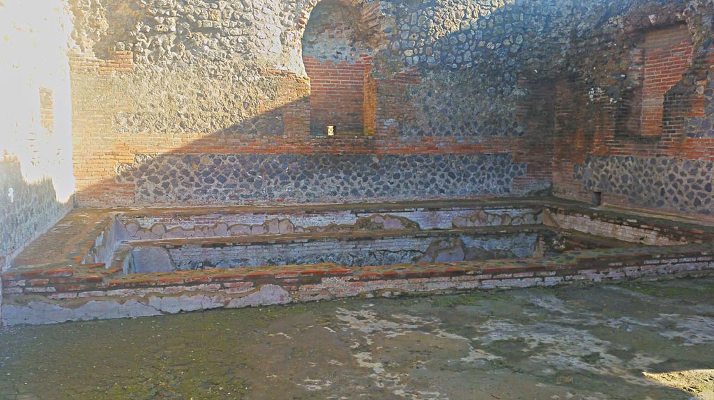 IX.4.18 Pompeii. December 2019.
Room “p”, apodyterium or frigidarium, looking towards east wall with recess/niche above pool. Photo courtesy of Giuseppe Ciaramella.