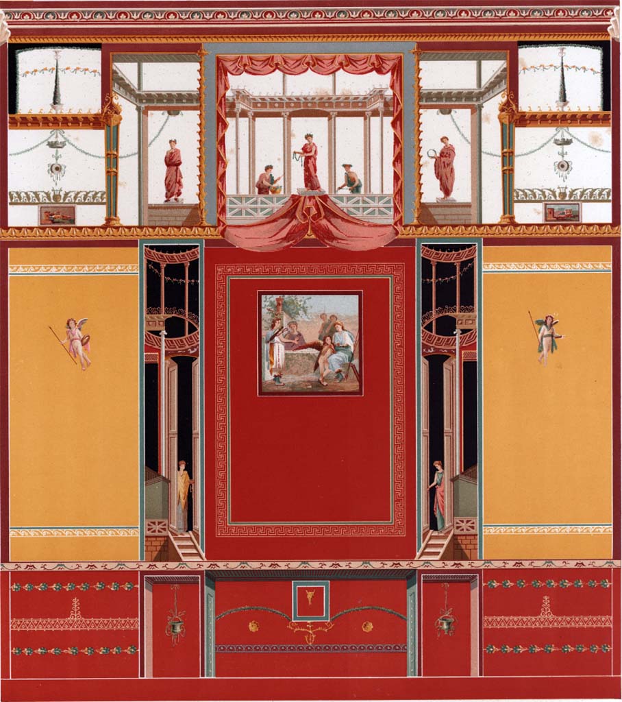 IX.5.6 Pompeii. Room 10, tablinum. 19th century painting of east wall.
According to Schefold, the wall painting in the centre of the east wall was Diana and Callisto.
See Schefold, K., 1957. Die Wande Pompejis. Berlin: De Gruyter. (p. 254).
See D’Amelio P., 1886. Dipinti Murali di Pompei. Naples : Richter, pl. XIX.