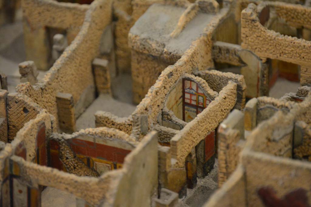 IX.5.6 Pompeii. July 2017. Detail from north wall of rooms at rear.
The room in the lower left is part of IX.5.18.
From cork model in Naples Archaeological Museum.
Foto Annette Haug, ERC Grant 681269 DÉCOR.