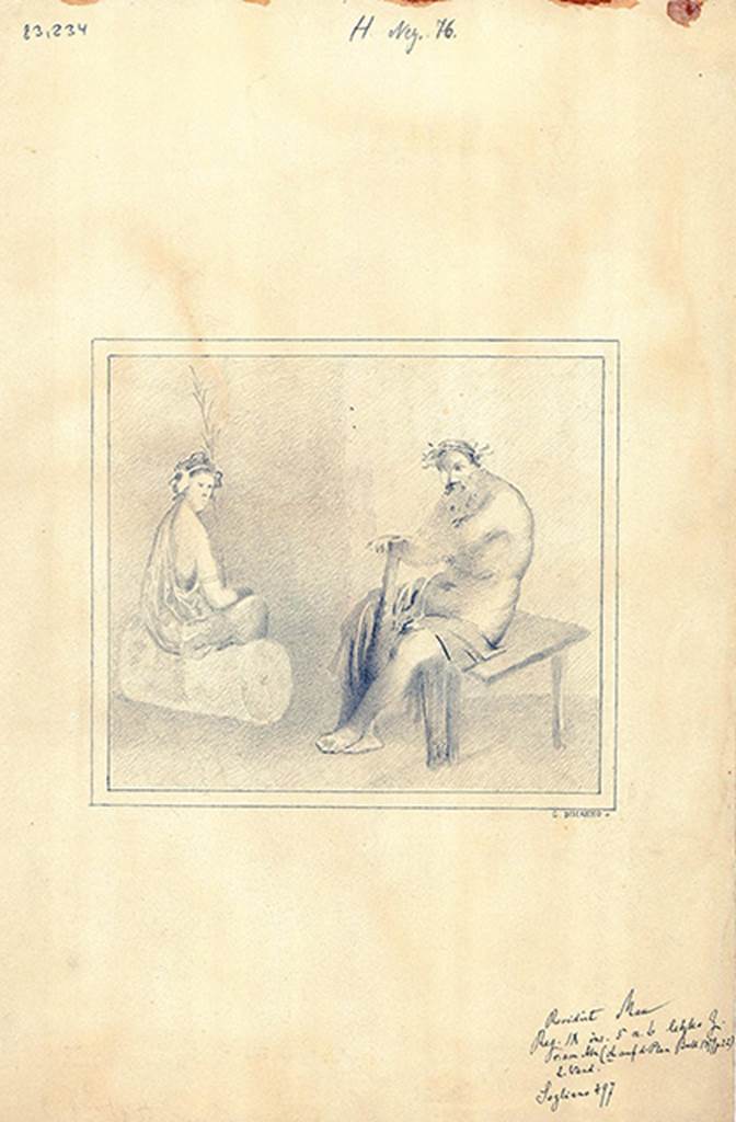 IX.5.6 Pompeii. Room h, central painting from the south wall.
Copy by G Discanno of painting of Hercules with a woman with a palm leaf, possibly Hebe.
DAIR 83.234. Photo © Deutsches Archäologisches Institut, Abteilung Rom, Arkiv.
See Sogliano, A., 1879. Le pitture murali campane scoverte negli anni 1867-79. Napoli: Giannini, no. 497.
See Bragantini, de Vos, Badoni, 1986. Pitture e Pavimenti di Pompei, Parte 3. Rome: ICCD, p. 458.