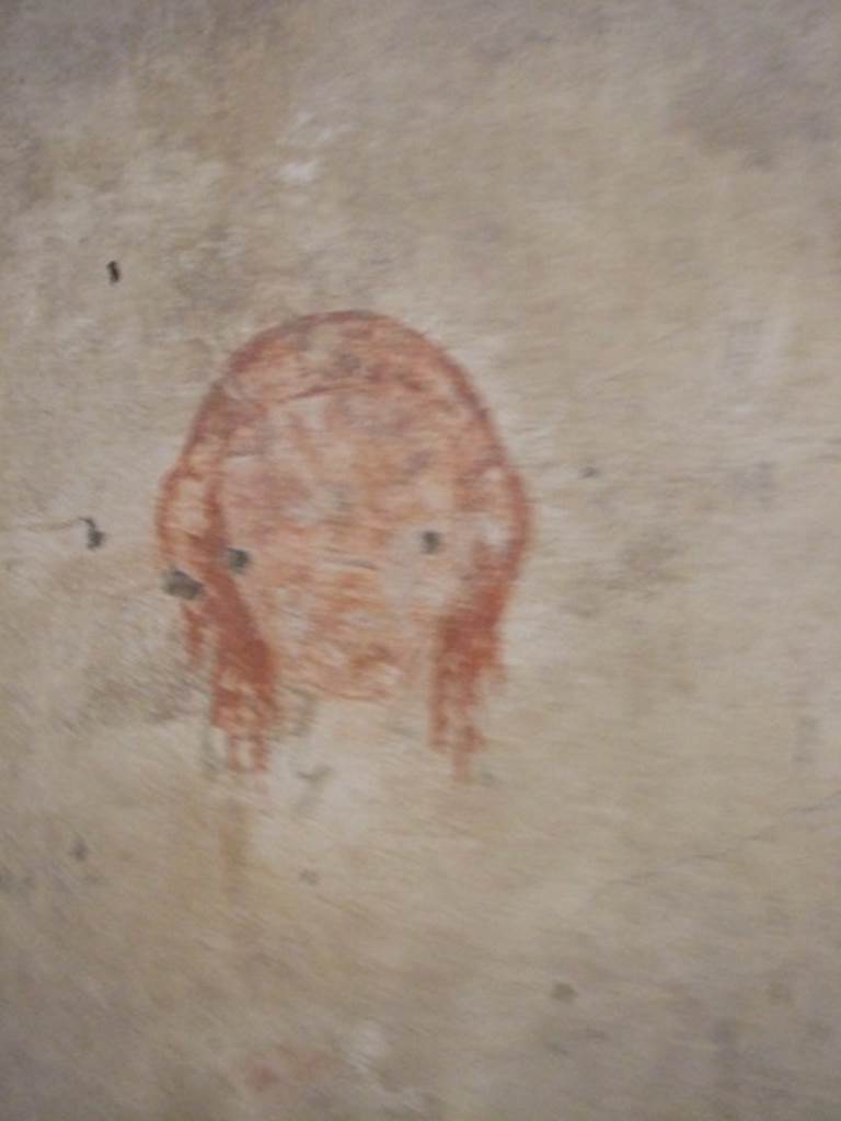 IX.5.6 Pompeii. December 2007. Room 8, wall painting of a mask in corridor on east side of tablinum.