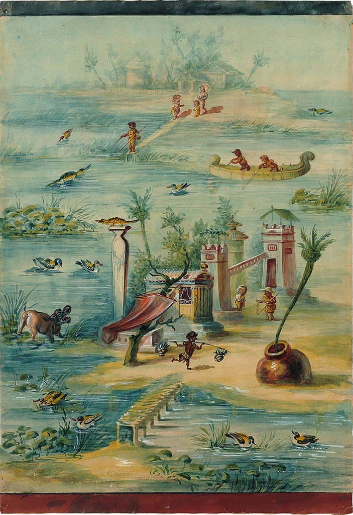 IX.5.9 Pompeii. Undated painting (between 1877-1888) of Nile landscape with Pigmies Fishing by unknown artist, showing room 8 north wall at west end.
DAIR 83.239. Photo  Deutsches Archologisches Institut, Abteilung Rom, Arkiv.  
