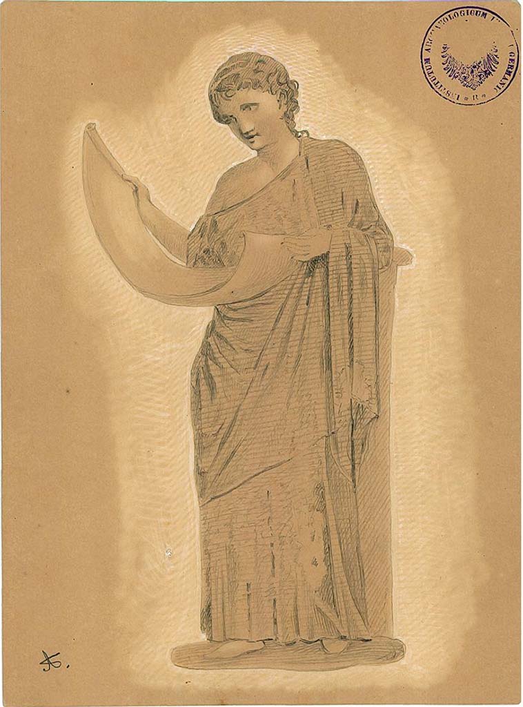 IX.5.11 Pompeii. Room 6, oecus, east wall.
Undated drawing (between 1877-1888)  by A. Sikkard of Muse Clio reading from an open volume held between her hands.
DAIR 83.246. Photo  Deutsches Archologisches Institut, Abteilung Rom, Arkiv. 
