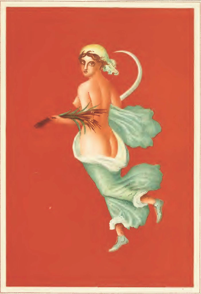 IX.5.11 Pompeii. 1881. Atrium, east side, copy by Discanno of a painting of Summer.
See Presuhn E., 1882. Pompeji: Die Neuesten Ausgrabungen von 1874 bis 1881. Leipzig: Weigel. (VIII, plate III).
According to Fiorelli, “re-entering the atrium (from the east ala) on the red plaster of the pilaster that separates the entrances to the ala and to the triclinium, we see a female flying figure”.
See Notizie degli Scavi di Antichità, 1877, (p.249)
According to Mau, on the east side of the atrium between the ala and the triclinium, over the support for the money chest was a female figure 0.34 high, it was a very pretty picture, showing the figure flying to the left with a view of the middle of her back but with her face turned to the viewer. The fluttering green robe covering only her legs was supported by her right arm, her shoes were green, her head covered in a cloth, in her right hand was a sickle and in her left hand some ears of corn.
You may feel for sure that there would have been similar personifications of autumn and winter.
See Bullettino dell’Instituto di Corrispondenza Archeologica (DAIR), 1879, (p.197-8).