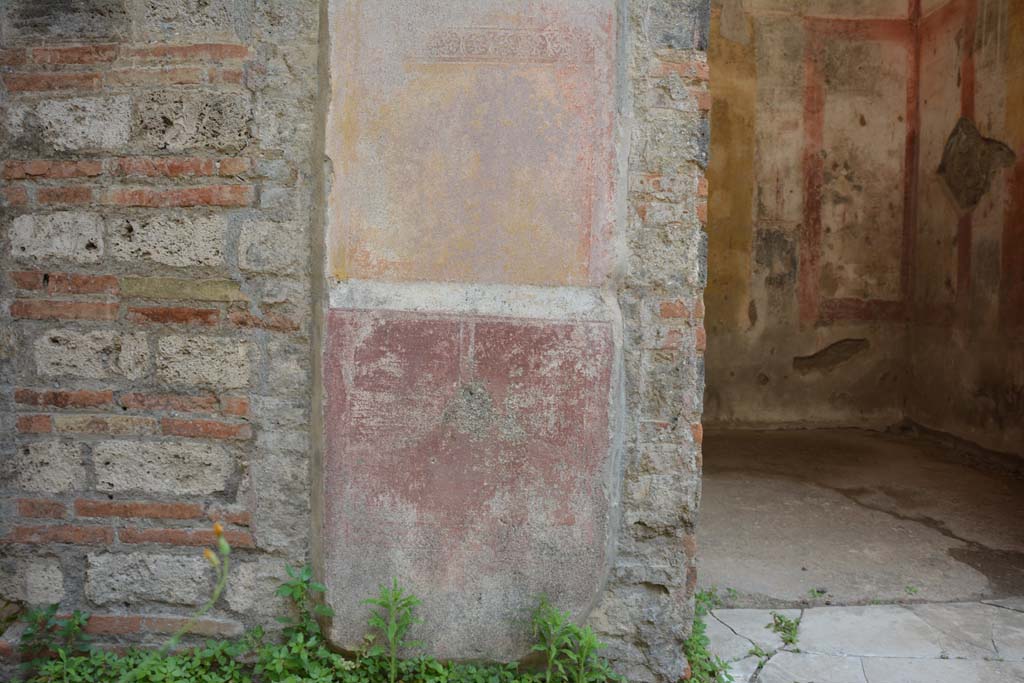 IX.5.11 Pompeii. May 2017.
Room b, detail of painted decoration on lower wall on south side of doorway into room f.
The zoccolo is red and the middle panel on the wall is yellow.
Foto Christian Beck, ERC Grant 681269 DÉCOR.