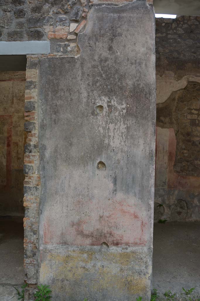 IX.5.11 Pompeii. May 2017.
Room b, painted decoration on north side of doorway into room f, on left.
On this side of the doorway, the zoccolo is yellow and the middle panel of the wall is red.
Foto Christian Beck, ERC Grant 681269 DÉCOR.