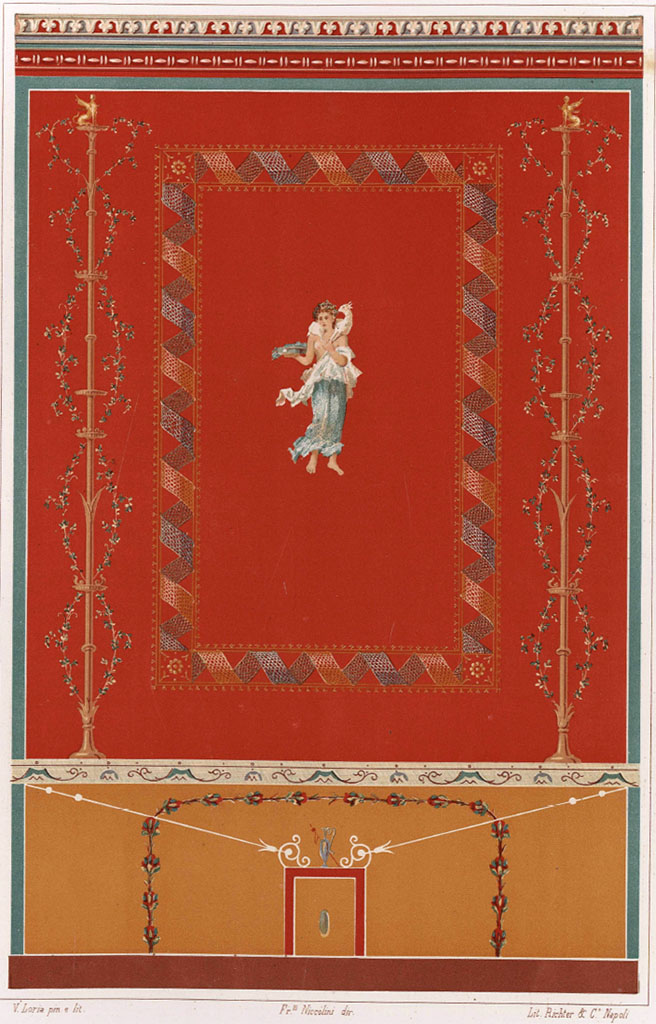 IX.5.11 Pompeii. pre 1876.
Painting by V. Loria published by Niccolini but no provenance given, possibly from the pilaster on west side of atrium, between room f and room e.
See Niccolini, F. Le case ed i monumenti 4, 1896, Supplemento tav. XX.
See Eristov, H. (1993). Atrium, Tablinum, Ala, enquête sur quelques décor Pompéiens disparus. (p.191-192) (In Functional and spatial analysis of Wall Painting: Proceedings of the Fifth International Congress on Ancient Wall Paintings, ed . by Eric M. Moorman).