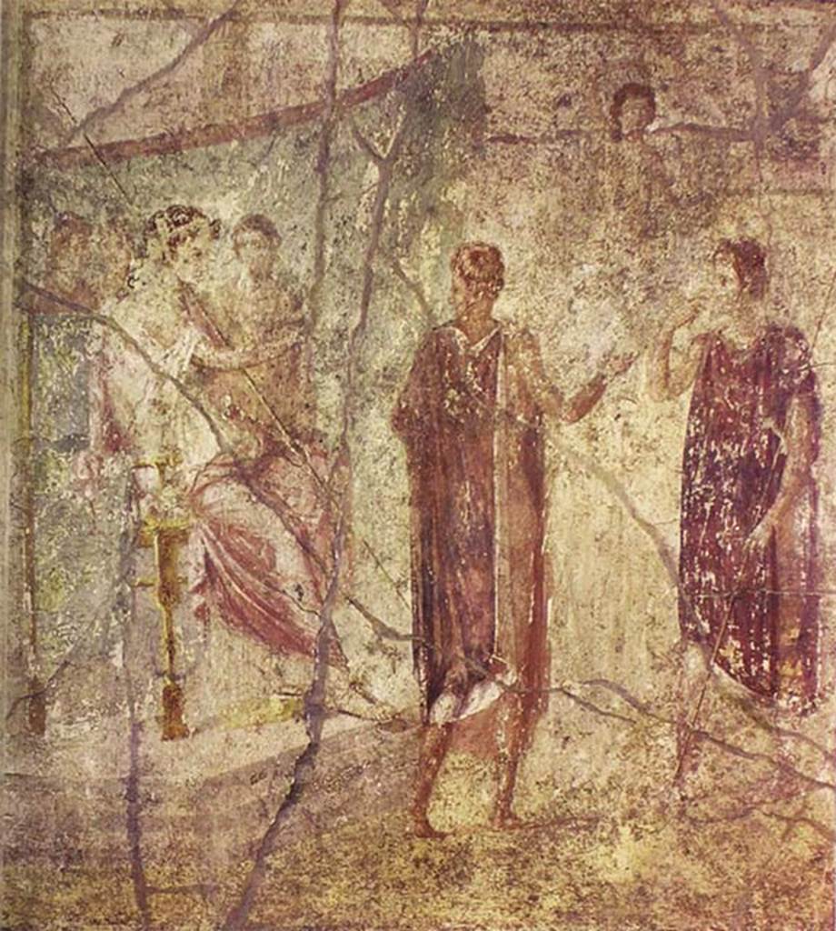 IX.5.14 Pompeii. Room f, centre of north wall of triclinium. Painting of two men before a seated queen.
According to PPM this is of uncertain identification.
More recently it has been suggested that it may be Dido receiving Aeneas for the first time.
Now in Naples Archaeological Museum. Inventory number 111480.
See Strocka V. M., 2006. Aeneas, not Alexander: Jahrbuch des Deutschen Archologischen Instituts, Volume 121, p. 302, abb. 19.
See Carratelli, G. P., 1990-2003. Pompei: Pitture e Mosaici.  Roma: Istituto della enciclopedia italiana, Vol. IX, p. 623. 

