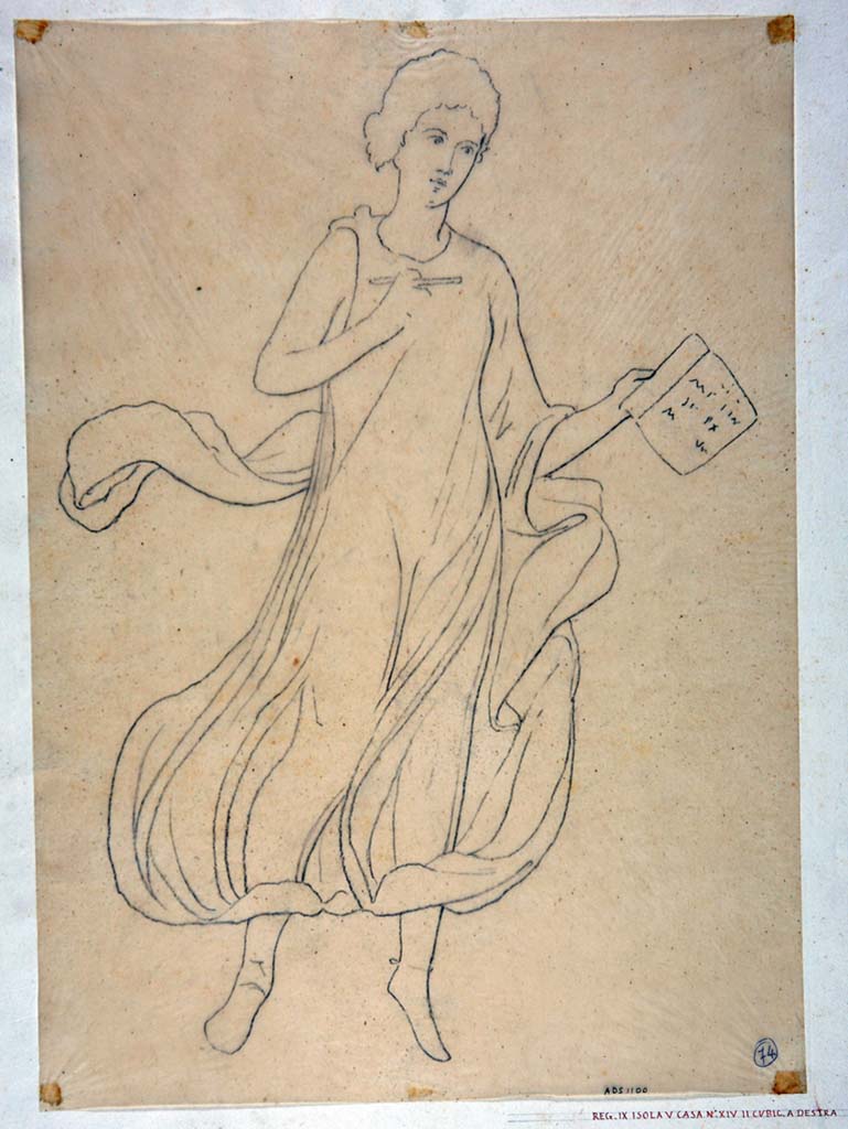 IX.5.14 Pompeii. Room f, triclinium. Drawing by Geremia Discanno of Muse Clio (or Melpomene), all traces of IV style decoration from the triclinium have faded.
Now in Naples Archaeological Museum. Inventory number ADS 1100.
Photo  ICCD. http://www.catalogo.beniculturali.it
Utilizzabili alle condizioni della licenza Attribuzione - Non commerciale - Condividi allo stesso modo 2.5 Italia (CC BY-NC-SA 2.5 IT)
