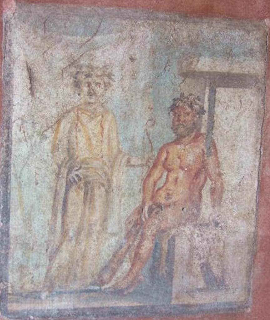 IX.5.14 Pompeii. May 2005. Cubiculum g, on south side of entrance doorway.
Wall painting of Hercules and Omphale, found on north wall.
See Bragantini, de Vos, Badoni, 1986. Pitture e Pavimenti di Pompei, Parte 3. Rome: ICCD. (p.483)

