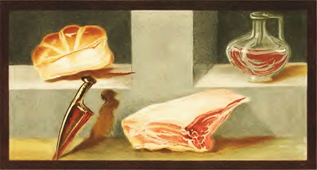 IX.5.16 Pompeii. 1881. Copy of a still life painting found in the ala c’.
According to Presuhn, the best piece of beef, fresh bread and dark red wine
invite the guests to feast.
See Presuhn E., 1882. Pompeji: Die Neuesten Ausgrabungen von 1874 bis 1881. Leipzig: Weigel. (VIII, p. 6, Plate VII).
