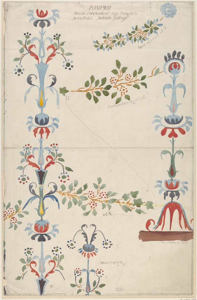 IX.5.16 Pompeii. c.1879. Painting by Sydney Vacher of House excavated 1879 thought to be a Hotel, showing detail of wall painting.
Photo © Victoria and Albert Museum, inventory number E.4387-1910.