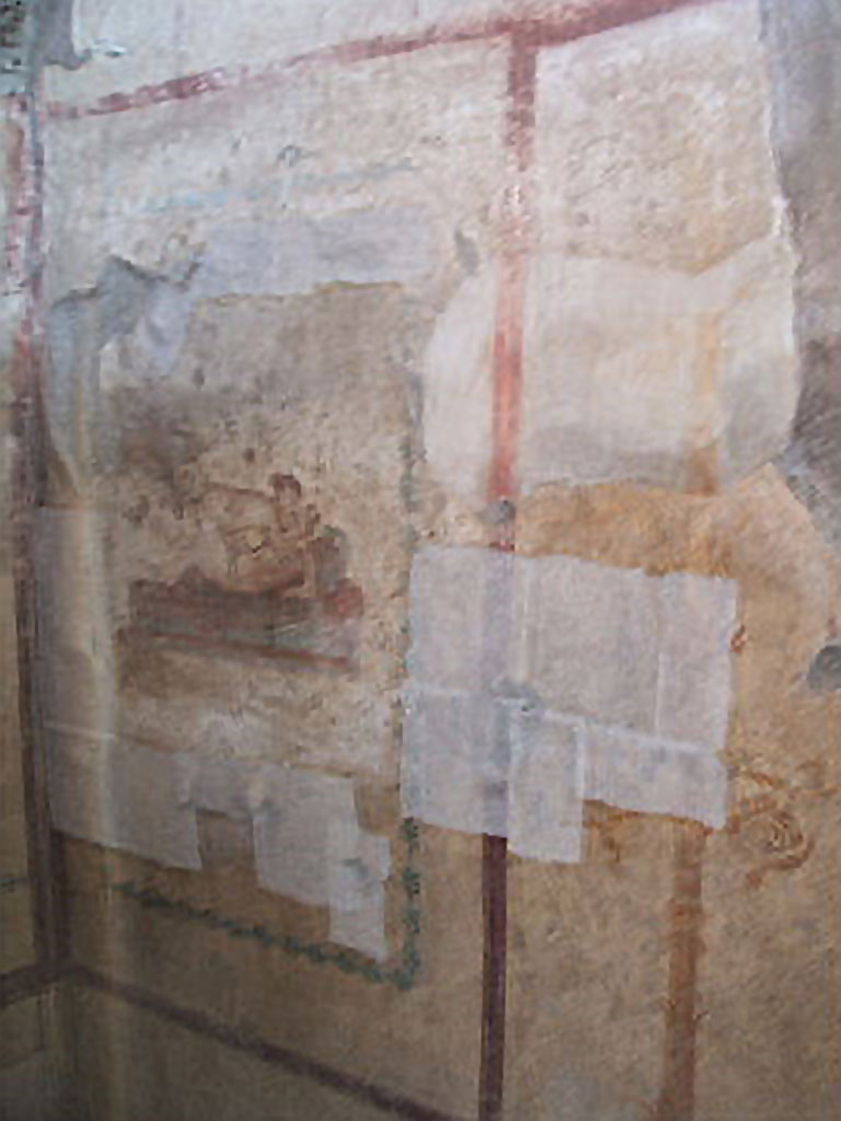 IX.5.16 Pompeii. May 2005. Cubiculum f’, wall paintings from south wall.