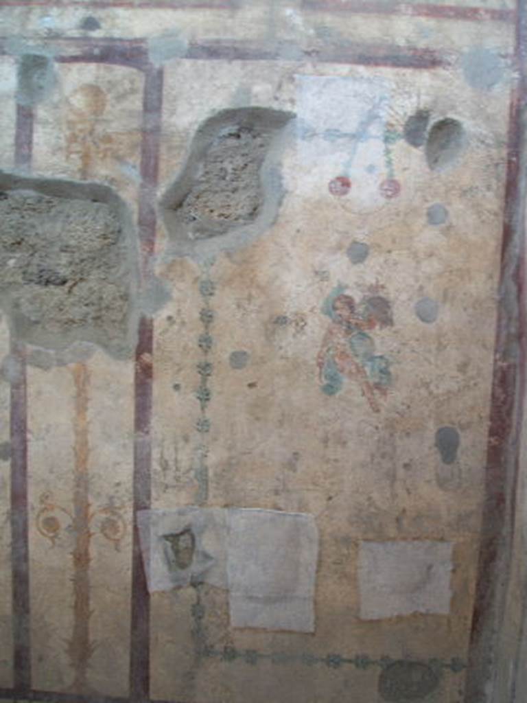 IX.5.16 Pompeii. May 2005.
West wall in cubiculum f’. North end of west wall with a flying cupid with a cornucopia.
