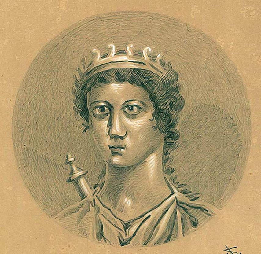 IX.5.18 Pompeii. Room l, room to the south of oecus in north-east corner. West wall, north end. Drawing by August Sikkard of the Bust of Artemis. DAIR 83.286. Photo © Deutsches Archäologisches Institut, Abteilung Rom, Arkiv. See http://arachne.uni-koeln.de/item/marbilder/5343183