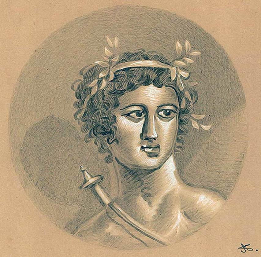 IX.5.18 Pompeii. Room l, room to the south of oecus in north-east corner. North wall, west end.
Drawing by August Sikkard of the Bust of Apollo. 
DAIR 83.285. Photo © Deutsches Archäologisches Institut, Abteilung Rom, Arkiv. 
See http://arachne.uni-koeln.de/item/marbilder/5343182
