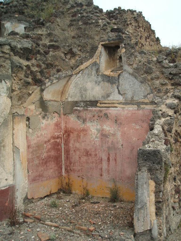 IX.5.18 Pompeii. May 2005. Room “n”, small room, or alcove on east side in north-east corner.
The walls of the alcove were painted with a yellow zoccolo with painted plants, the middle zone was painted with violet panels edged by a border and in the centre of the panel was a vignette of a cupid. 
In the middle of the wall was a candelabra surmounted by a bird/eagle. The floor was raised.


