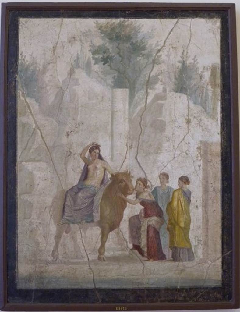 IX.5.18 Pompeii.  March 2009.  Room g.   Cubiculum.  West wall.  Wall painting of Europa on the Bull.  Now in Naples Archaeological Museum.  Inventory number: 111475.