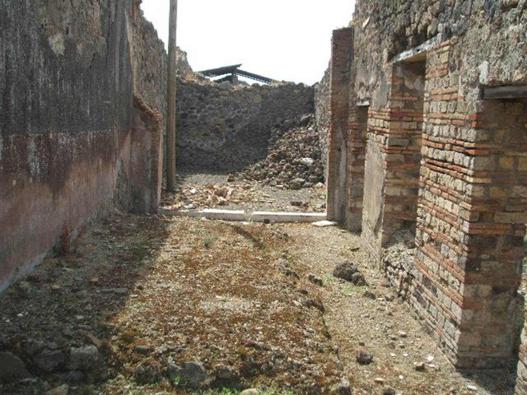 IX.6.3 Pompeii. May 2005. Looking south along small garden area to large triclinium, on south side. According to Jashemski, this small open area at the rear of this small house was visible from the entrance through a window at the rear of the atrium (on right of photo between the doorways). Attached to the wall on the east side were 3 steps which in the middle had a small basin the height of the lowest 2 steps. The passageways around the open area were roofed by the overhang of the adjacent rooms. See Jashemski, W. F., 1993. The Gardens of Pompeii, Volume II: Appendices. New York: Caratzas. (p.238)