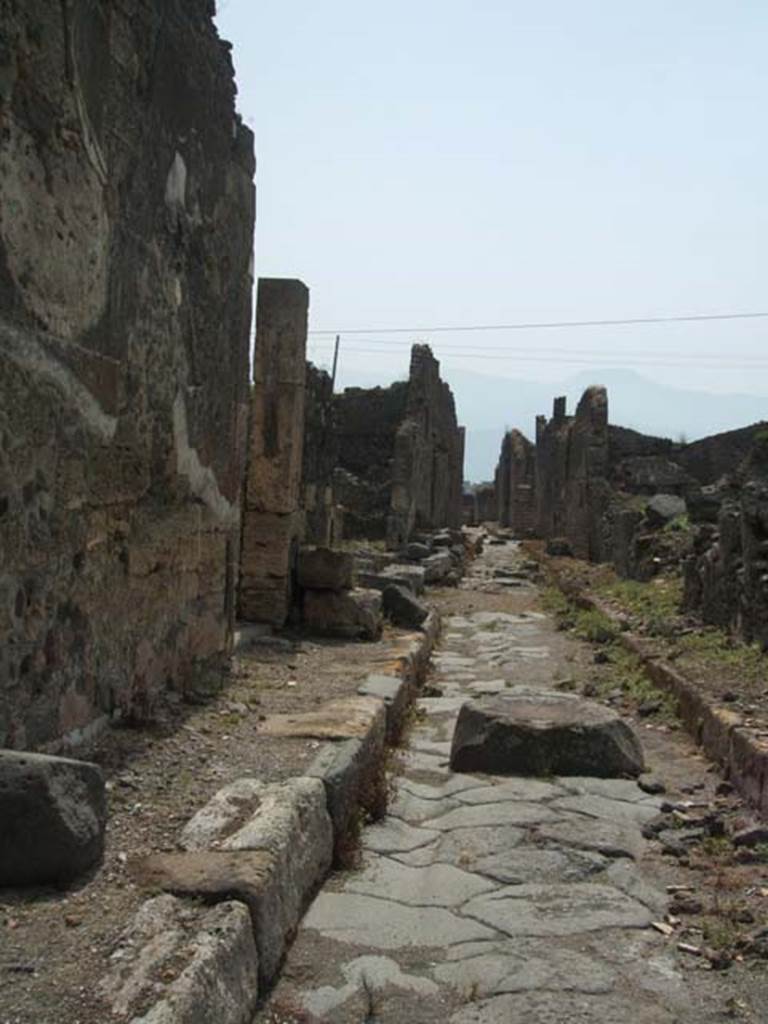 IX.6.5 Pompeii. May 2005. Vicolo di Tesmo, looking south. 
The exterior west wall of IX.6.5 can be seen on the left.
The remains of the exterior wall of IX.6.4 can be seen in the centre of the photo.
IX.3 can be seen on the right.

According to Garcia y Garcia, during the night bombing of 16th September 1943, various rooms in IX.6.4 were hit by a bomb.  
The pavement and street outside were also damaged. 
See Garcia y Garcia, L., 2006. Danni di guerra a Pompei. Rome: L’Erma di Bretschneider. (p.153)

