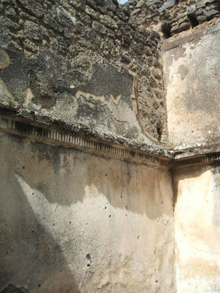 IX.6.5 Pompeii. May 2005. North-west corner of  room “c” on north side of atrium.
According to Mau, this room also had a square window onto the north vicolo, and also had white plaster on its walls. The stucco cornice moulding was preserved that was part of the First Style decoration. Preserved in the lava threshold of the doorway were the two hinges and the hollows of two bolts. The room, as also rooms “b” and “d” was used to store various objects, which can be seen in Notizie degli Scavi, 1878, p.323. Much glass, glass-paste, hard stones for carving, terracotta, and bone, were found.  Similar objects to those summarised were gathered in “b” and “d”, see Notizie degli Scavi, 1878, p.45
See Mau in BdI, 1880, (p.227)
