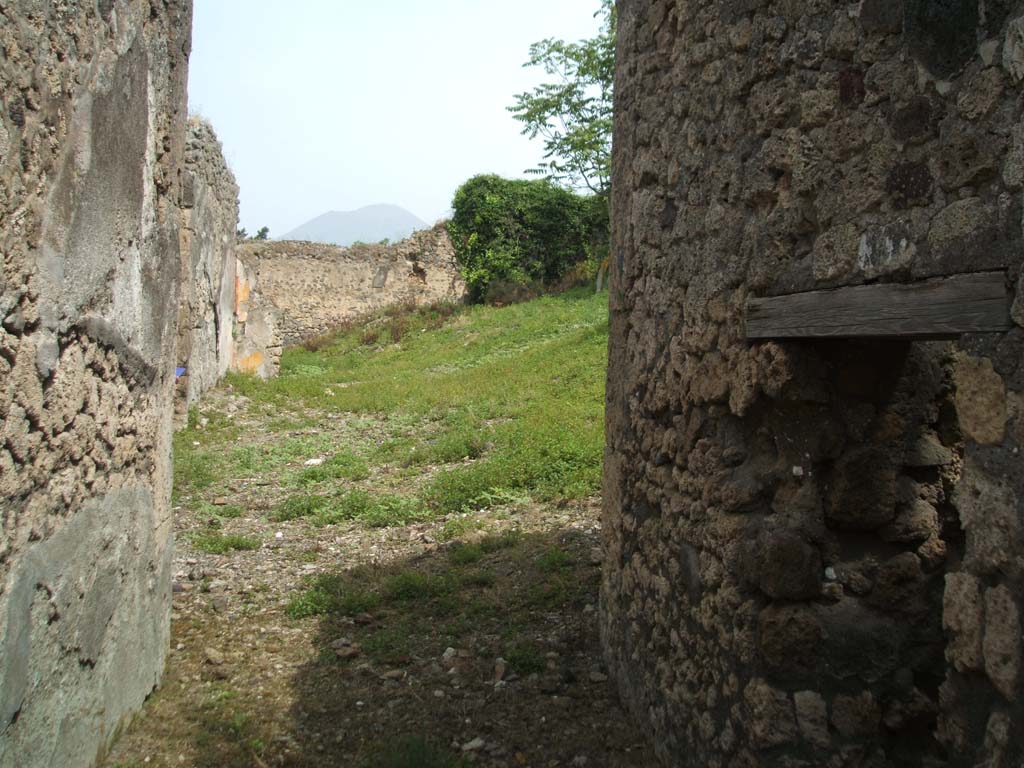 IX.6.g Pompeii. May 2005. Looking north along entrance corridor to site of atrium “2”, tablinum “d” and peristyle “4”.
On the east (right side), the house was never fully excavated.
On the east (right) of the entrance fauces 1, can be seen the doorway into a small room (room “i”) containing steps to upper floor.
According to Hobson, this small room possibly could also have been a latrine.
See Hobson, B. 2009. Pompeii, Latrines and Down Pipes. Oxford, Hadrian Books, (p.515 plan)
