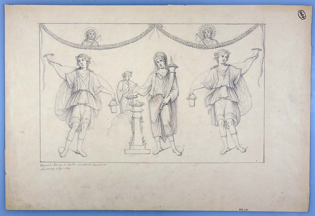 IX.7.20 Pompeii. Lararium drawing by Nicola La Volpe, 1871, found on the exterior street wall to the right of the vestibule entrance.
Now in Naples Archaeological Museum. Inventory number ADS 1101.
Photo © ICCD. http://www.catalogo.beniculturali.it
Utilizzabili alle condizioni della licenza Attribuzione - Non commerciale - Condividi allo stesso modo 2.5 Italia (CC BY-NC-SA 2.5 IT)
