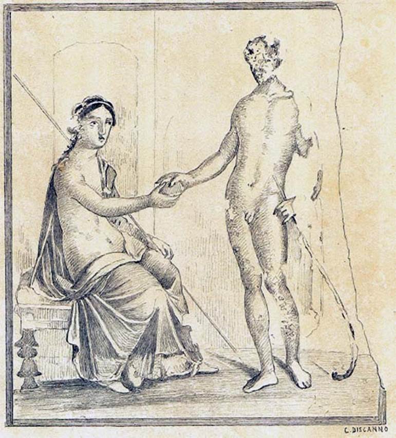 IX.7.20 Pompeii.  Wall painting by Discanno from east wall of room (L).
Ariadne giving the ball of thread to Theseus to help his find his way out from the labyrinth.
DAIR 83.314.  Photo © Deutsches Archäologisches Institut, Abteilung Rom, Arkiv. 

