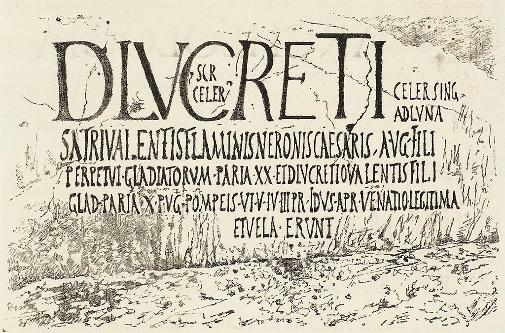 IX.8.1, Pompeii. Drawing of painted inscription from west side of insula IX.8 in Vicolo del Centenario. 
See Mele, A. (ed.) Pompei. Rivista illustrata di archeologia popolare e industriale e d’arte. Anno 1, num. 4, 30 Giugno 1881. (p.3).
