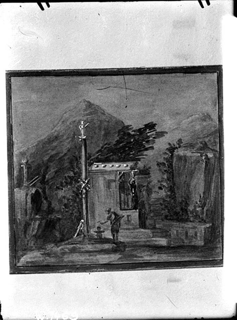 IX.8.2 Pompeii. W.1469. Painting of sacred landscape found in the central part of the east wall.
According to Bragantini, this painting was removed.
It showed a woman sacrificing at an altar under a column with a statue of Priapus on it.
See Bragantini, de Vos, Badoni, 1986. Pitture e Pavimenti di Pompei, Parte 3. Rome: ICCD. (p.511)
Photo by Tatiana Warscher. Photo © Deutsches Archäologisches Institut, Abteilung Rom, Arkiv.