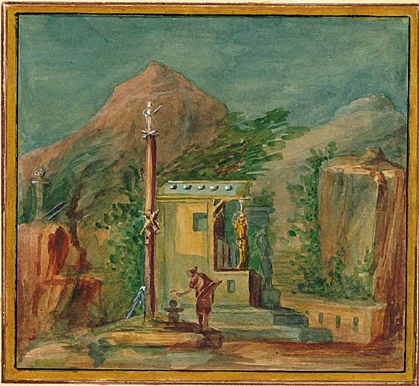 IX.8.2 Pompeii. Copy of painting of sacred landscape, found in the central part of the east wall.
DAIR 83.371. Photo © Deutsches Archäologisches Institut, Abteilung Rom, Arkiv.
See http://arachne.uni-koeln.de/item/marbilderbestand/236150