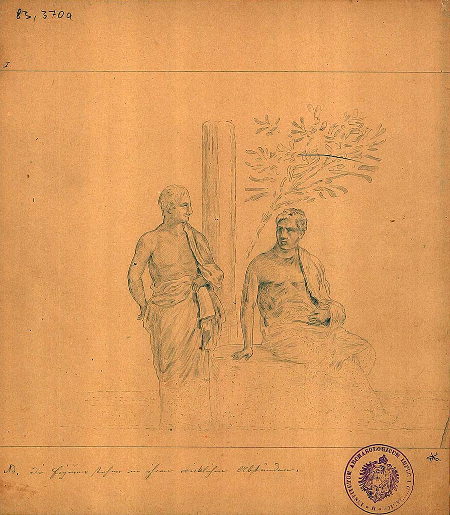 IX.8.2 Pompeii. Drawing of two philosophers one of five sketches by A. Sikkard depicting figures of philosophers.
These would have been seen on a black background, a small trace survived in the frieze on the upper east wall.
DAIR 83.370a. Photo © Deutsches Archäologisches Institut, Abteilung Rom, Arkiv.